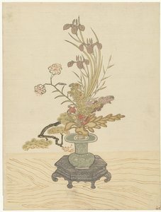Ikebana blomsteroppsats i grønn vase av Ippitsusai Bunchô (manner of)