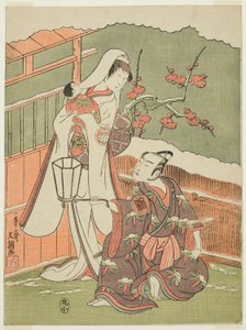 Skuespillerne Arashi Sangorô II som Minamoto no Yoritomo og Segawa Kikunojô II som snøkvinnen i «Cotton Wadding of Izu Protecting the Matrimonial Chrysanthemums» («Myôto-giku Izu no Kisewata») av Ippitsusai Bunchō