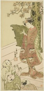 Skuespilleren Arashi Hinaji I, muligens som Yuya Gozen i stykket Ima o Sakari Suehiro Genji (The Genji Clan Now at Its Zenith), fremført på Nakamura Theatre fra den første dagen i den ellevte måneden, 1768 av Ippitsusai Bunchō