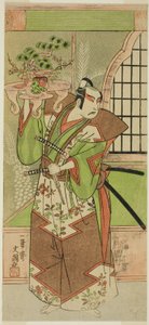 Skuespilleren Ichikawa Yaozo II i en pre-performance feiring av stykket "Soga Monogatari," fremført på Morita Theatre i den andre måneden, 1773 av Ippitsusai Bunchō