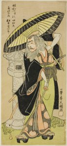 Skuespilleren Matsumoto Koshiro III som Kikuchi Hyogo Narikage i stykket Katakiuchi Chuko Kagami (Vendetta: A Model of Loyalty and Filial Duty), fremført på Nakamura Theatre fra den femte dagen i den sjette måneden, 1770 av Ippitsusai Bunchō