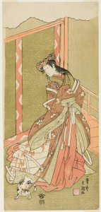 Skuespilleren Nakamura Noshio I som den tredje prinsessen (Nyosan no Miya) i stykket Fuki Kaete Tsuki mo Yoshiwara (Rethatched Roof: The Moon also Shines Over the Yoshiwara Pleasure District), fremført på Morita Theatre fra den første dagen av den ellevte  av Ippitsusai Bunchō