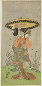 Skuespilleren Yamashita Kinsaku II som Nijo no Kisaki (?) i stykket Natsu Matsuri Naniwa Kagami (?), fremført på Morita Theatre (?) i den syvende måneden, 1770 (?) av Ippitsusai Bunchō