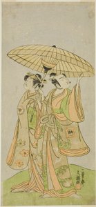 Skuespillerne Ichikawa Komazo II som Chunagon Yukihira (til høyre), og Iwai Hanshiro IV som Murasame (til venstre), i stykket Kuni no Hana Ono no Itsumoji, fremført på Nakamura Theatre i den ellevte måneden, 1771 av Ippitsusai Bunchō