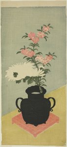 Hvite krysantemum og rosa i en svart vase av Ippitsusai Bunchō