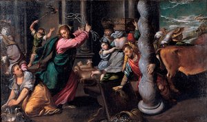 Le Christ chassant les marchands du temple - Kristus driver pengelånerne fra tempelet - Maleri av Ippolito Scarsellino (Scarsella) (1551-1620), Olje på lerret 1580-1585 (68x116 cm) - Musei Capitolini, Roma av Ippolito Scarcella