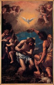 Kristi dåp - Døperen Johannes døper Jesus Kristus med vannet i Jordan med, over dem, Den Hellige Ånds due (Den Hellige Ånd) - Kristi dåp - Maleri av Ippolito Scarsellino (Scarsella) (1551- 1620) ), Olje på tre 1585- av Ippolito Scarcella