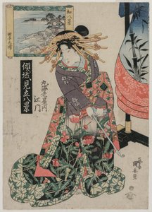 Courtesan Emon fra Maruebiya med utsikt over Tago Bay..., ca. slutten av 1820-tallet eller begynnelsen av 1830-årene. av Ipposai Kuniyasu