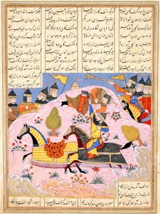 Malik løfter Abul Mihjan fra salen. Fra Khavarannama The Book of the East of ibn Husam al-D av Iranian Master