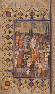Enthronement of Luhrasp (ugjennomsiktig wc og gull på papir) av Iranian School