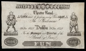 Annonse for en pantomime på Theatre Royal, Dublin, basert på en Bank of Ireland-seddel av Irish School