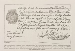 Faksimile av det tidligste kjente sertifikatet utstedt under Seal of the Grand Lodge of Ireland, datert 1762 av Irish School