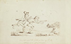 Over Pop Went the Little Fellow with the Spring of a Grasshopper, bokillustrasjon som viser Two Irishmen Chasing a Leprechaun, 1800-tallet (penn og blekk på papir) av Irish School