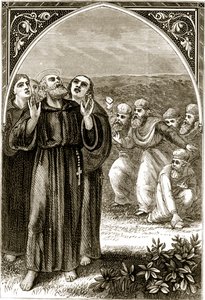 St. Columba sang, og angrepet av druidene, fra The Trias Thaumaturga, eller Three Wonder-Working Saints of Ireland, av Mary Cusack (1829-99) publisert ca. 1890-tallet av Irish School