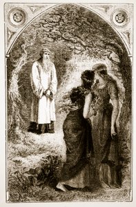 St. Patrick møtt av jomfruer i skogen til Fochlut, fra The Trias Thaumaturga, eller Three Wonder-Working Saints of Ireland, av Mary Cusack (1829-99) utgitt ca. 1890-tallet av Irish School