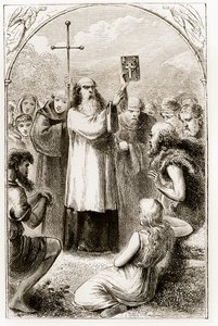 St. Patrick som viser folket i Irland de fire evangeliene, fra The Trias Thaumaturga, eller Three Wonder-Working Saints of Ireland, av Mary Cusack (1829-99) utgitt ca. 1890-tallet av Irish School