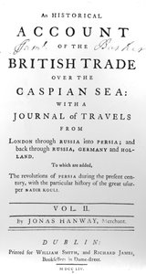 Tittelside til An Historical Account of British Trade over the Caspian Sea, with a Journal of Travels av Jonas Hanway, 1754 av Irish School