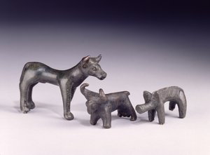 To okser, fra Ungarn og en villsvin, fra Gower Cave, Rhossilly, Sør-Wales, jernalder (bronse)
