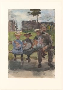 En mann med tre jenter på en benk i Oosterpark i Amsterdam av Isaac Israels