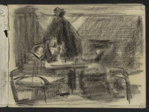 Figurer ved et bord i et interiør av Isaac Israels