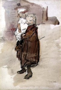 Jente og barn (akvarell på papir) av Isaac Israels