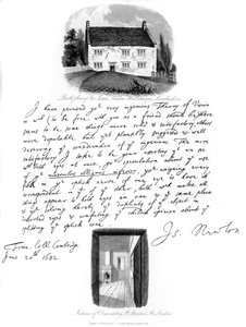 Et brev fra Isaac Newton, og en utsikt over fødestedet hans i Woolsthorpe, Lincolnshire, 1682, 1840.