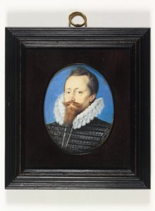 En gentleman, kanskje Edward Cecil, Viscount Wimbledon (akvarell på vellum) av Isaac Oliver