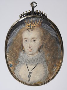 Portrett av Lucy Russell, grevinne av Bedford, ca. 1608-16 (akvarell på vellum med gull og sølv i en forgylt sølvramme) av Isaac Oliver