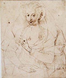 Portrait of an Unknown Lady, formelt kalt Lucy Harrington, grevinne av Bedford, en skisse for en miniatyr (nr. 3902) ca. 1605 (penn og blekk, kritt på papir) (se også 58811) av Isaac Oliver