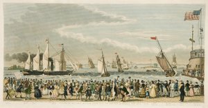 Ankomst av Great Western Steam Ship, utenfor New York mandag 23. april 1838, pub. 1842 (håndfarget gravering) av Isaac Robert Cruikshank