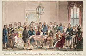 Bernard Blackmantle leser skuespillet sitt i Green Room i Covent Garden Theatre, fra The English Spy, pub. 1824 (håndfarget gravering) av Isaac Robert Cruikshank