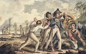 Kaptein Burney oppdager sine drepte skipskamerater, illustrasjon fra "The Voyages of Captain Cook" av Isaac Robert Cruikshank