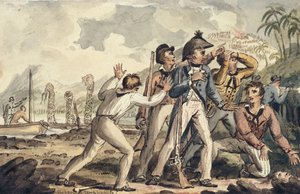Kaptein Burney oppdager sine myrdede skipskamerater", fra Voyages of Captain Cook av Isaac Robert Cruikshank