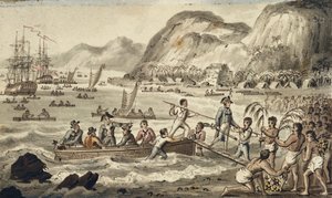 Captain Cook Landing in Owyhee, illustrasjon fra "The Voyages of Captain Cook" av Isaac Robert Cruikshank