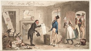 College Comforts, A Freshman tar besittelse av rommene sine, fra The English Spy, pub. 1824 (håndfarget gravering) av Isaac Robert Cruikshank