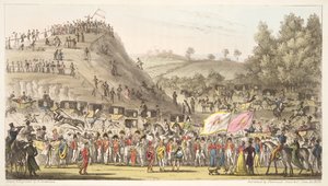 Eton Montem, and the Mount, Salt Hill, fra The English Spy, pub. 1824 (håndfarget gravering) av Isaac Robert Cruikshank