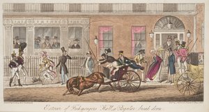 Eksteriør av Fishmongers Hall, St James Street, med utsikt over et vanlig sammenbrudd, fra The English Spy, pub. 1824 (håndfarget gravering) av Isaac Robert Cruikshank