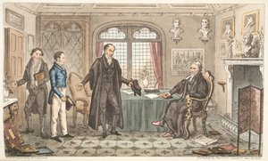First Bow to Alma Mater, eller Bernard Blackmantles introduksjon til Big Wig, fra The English Spy, publisert London, 1824 (håndfarget gravering) av Isaac Robert Cruikshank