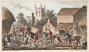 Går ut; En utsikt over Berkeley Hunt Kennel, fra The English Spy publisert 1824, (håndfarget gravering) av Isaac Robert Cruikshank