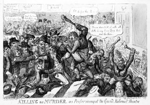 Killing no Murder, som opptreden på Grand National Theatre, 1809 av Isaac Robert Cruikshank