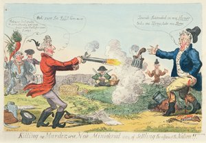 Killing no Murder, eller en ny ministeriell måte å avgjøre nasjonens saker på!, 1809 (fargetsning) av Isaac Robert Cruikshank