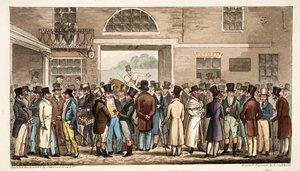 Mandag etter Great St Leger, eller Heroes of the Turf Paying and Receiving at Tattersalls, fra The English Spy, pub. 1824 (håndfarget gravering) av Isaac Robert Cruikshank
