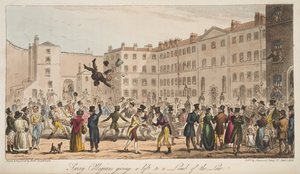 Surrey Collegians gir et løft til a Limb of the Law, fra The English Spy, publisert London, 1824 av Isaac Robert Cruikshank