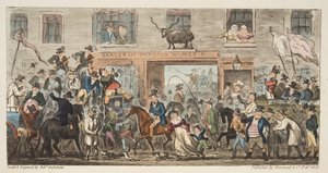 The Comical Procession fra The English Spy, pub. 1824 (håndfarget gravering) Gloucester til Berkeley, fra The English Spy, pub. 1824 (håndfarget gravering) av Isaac Robert Cruikshank