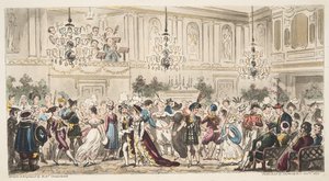 The Fancy Ball at the Upper Rooms, Bath, fra The English Spy, publisert London, 1824 av Isaac Robert Cruikshank