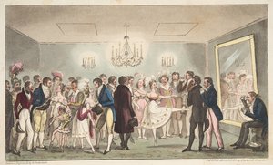 The Green Room of the Kings Theatre, eller Noble Amatører som ser på Foreign Curiosities, fra The English Spy, pub. 1824 (håndfarget gravering)