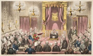 The House of Lords in High Debate, fra The English Spy, pub. 1824 (håndfarget gravering) av Isaac Robert Cruikshank