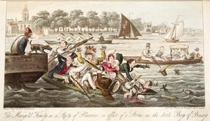 The Marigold Family on a Party of Pleasure, eller effekten av en storm i den lille Biscayabukta, fra The English Spy, pub. 1824 (håndfarget gravering) av Isaac Robert Cruikshank