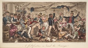 The Return to Port, fra The English Spy, pub. 1824 (håndfarget gravering) av Isaac Robert Cruikshank