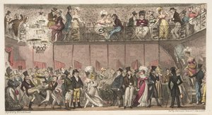 The Royal Saloon, Piccadilly, or an Hour after the Opera, fra The English Spy publisert 1824 (håndfarget gravering) av Isaac Robert Cruikshank